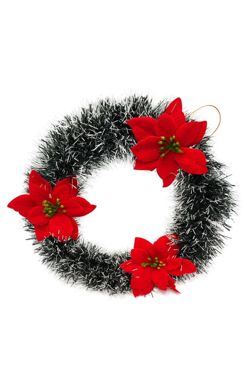COROANA DECORATIVA CRACIUN CU GHIRLANDA ARGINTIE SI POINSETTIA ROSIE, 30cm