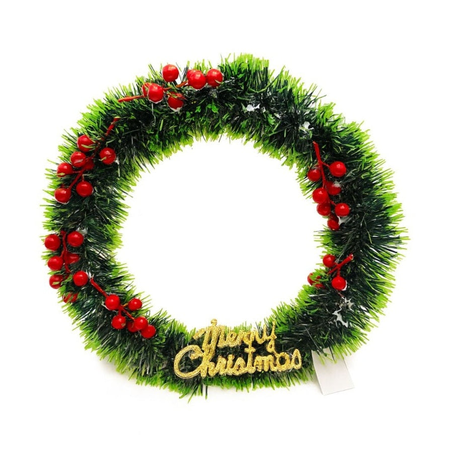 COROANA DECORATIVA CRACIUN VERDE CU BOABE ROSII SI MERRY CHRISTMAS, 30cm