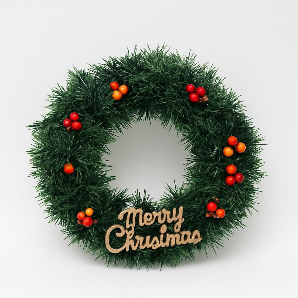 COROANA DECORATIVA CRACIUN VERDE CU BOABE SI MERRY CHRISTMAS, 30cm