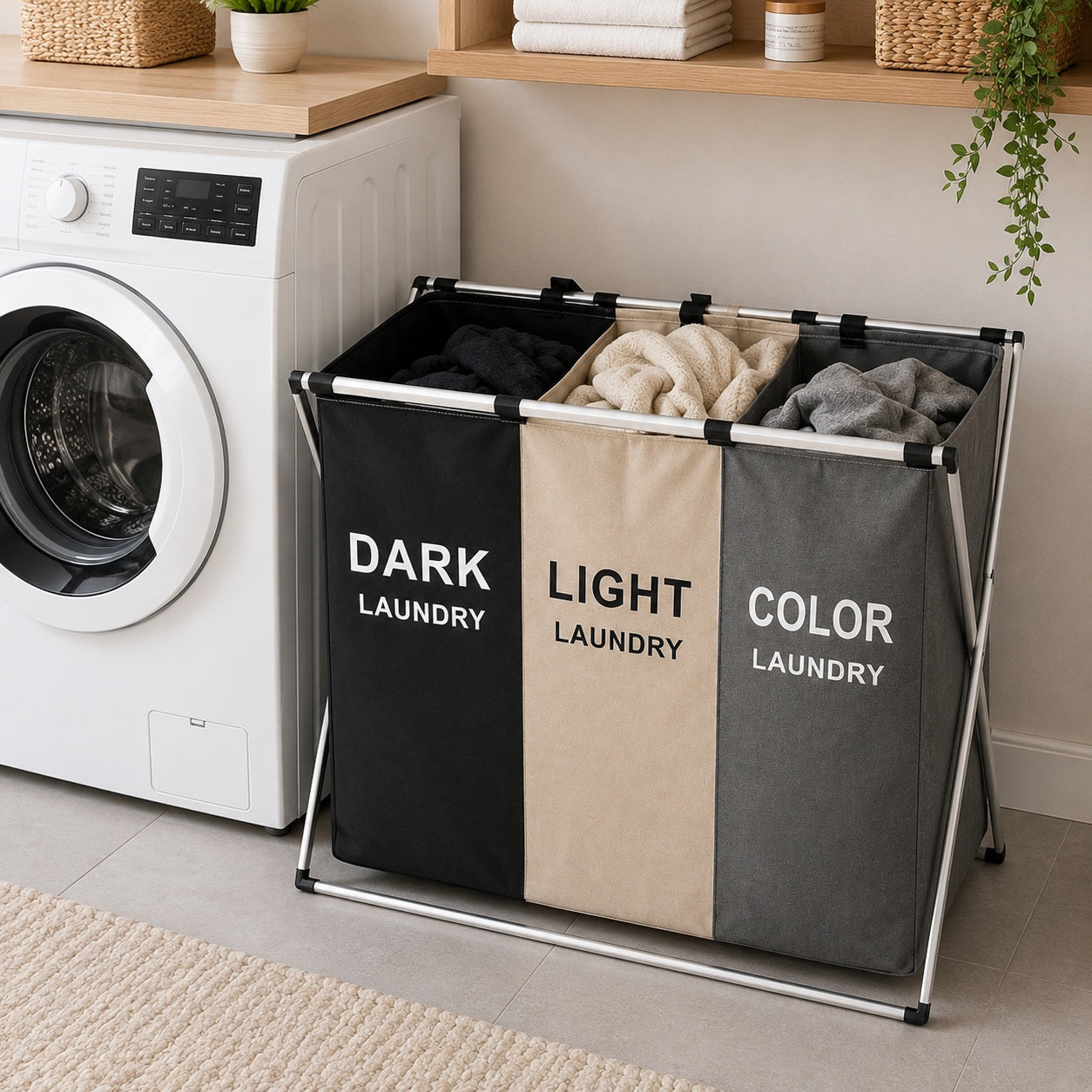 Cos de rufe pliabil cu 3 compartimente pentru sortare haine Dark Light Color