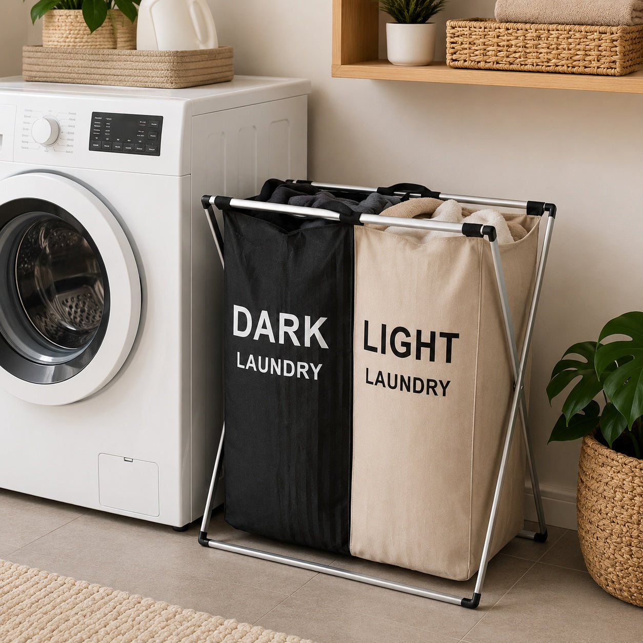 Cos dublu pentru rufe DARK LIGHT, pliabil, compartimentare haine, cadru metalic