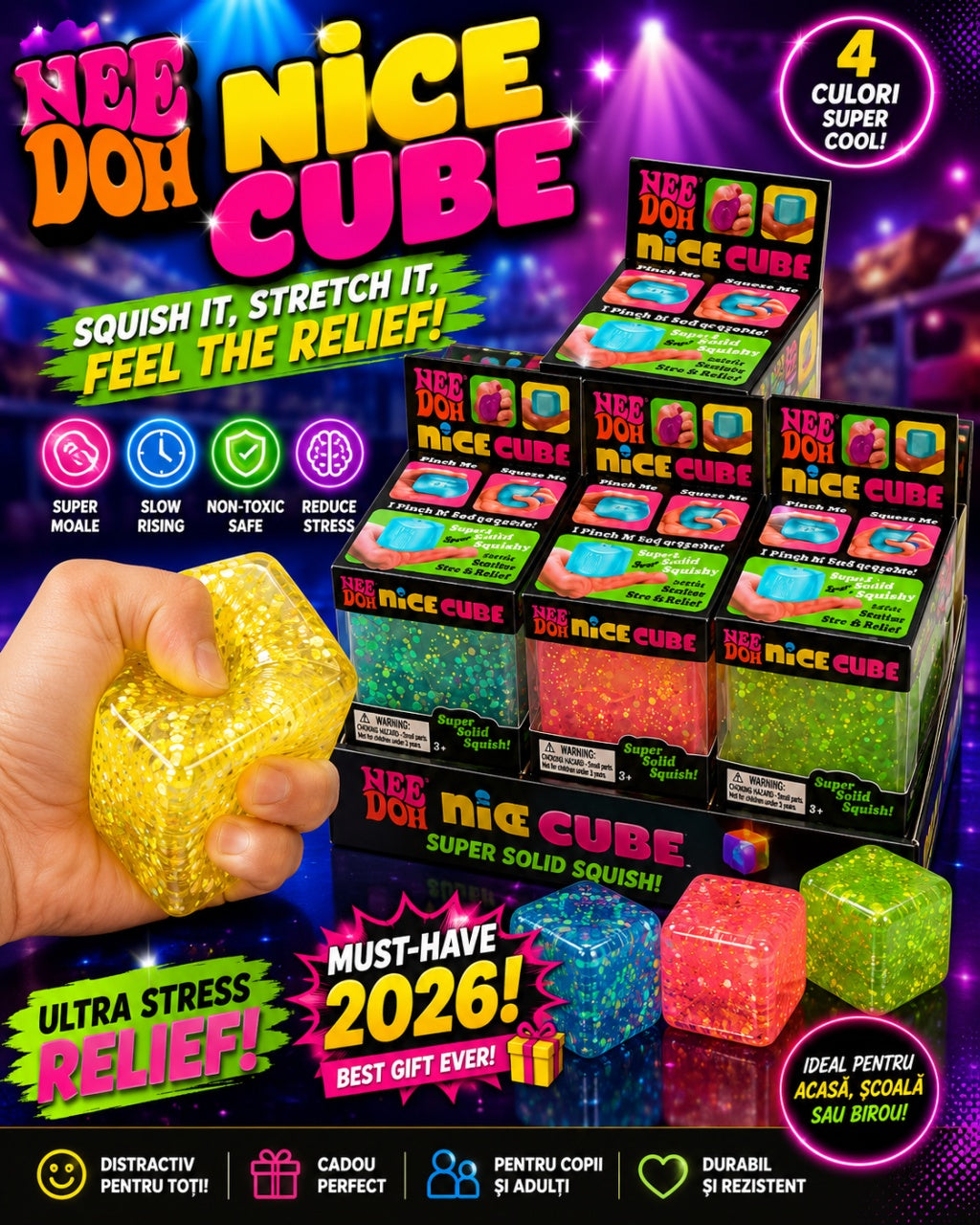 Cub Antistres Squishy Nice Cube, Jucarie Senzoriala Moale, Elastice, 4 Culori Diverse