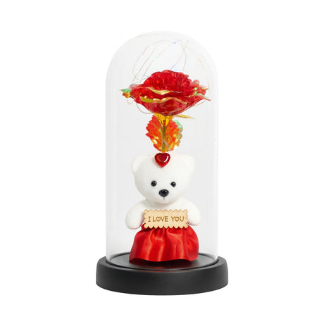 Cupola 22x11cm cu Ursulet Rosu Elegant si Trandafir Multicolor LED , Cadou Romantic