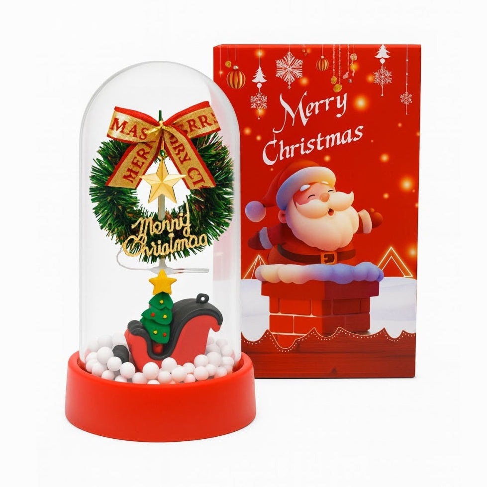 Cupola decorativa cu lumini model coronita, saniuta si mesaj Merry Christmas , model luminos, 15x9cm