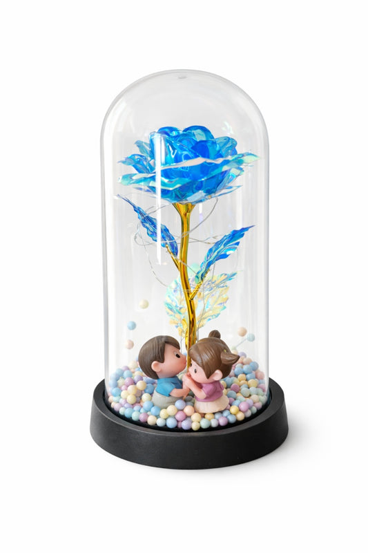 Cupola plastic cu trandafir albastru LED si 2 indragostiti, 20 cm, cutie cadou