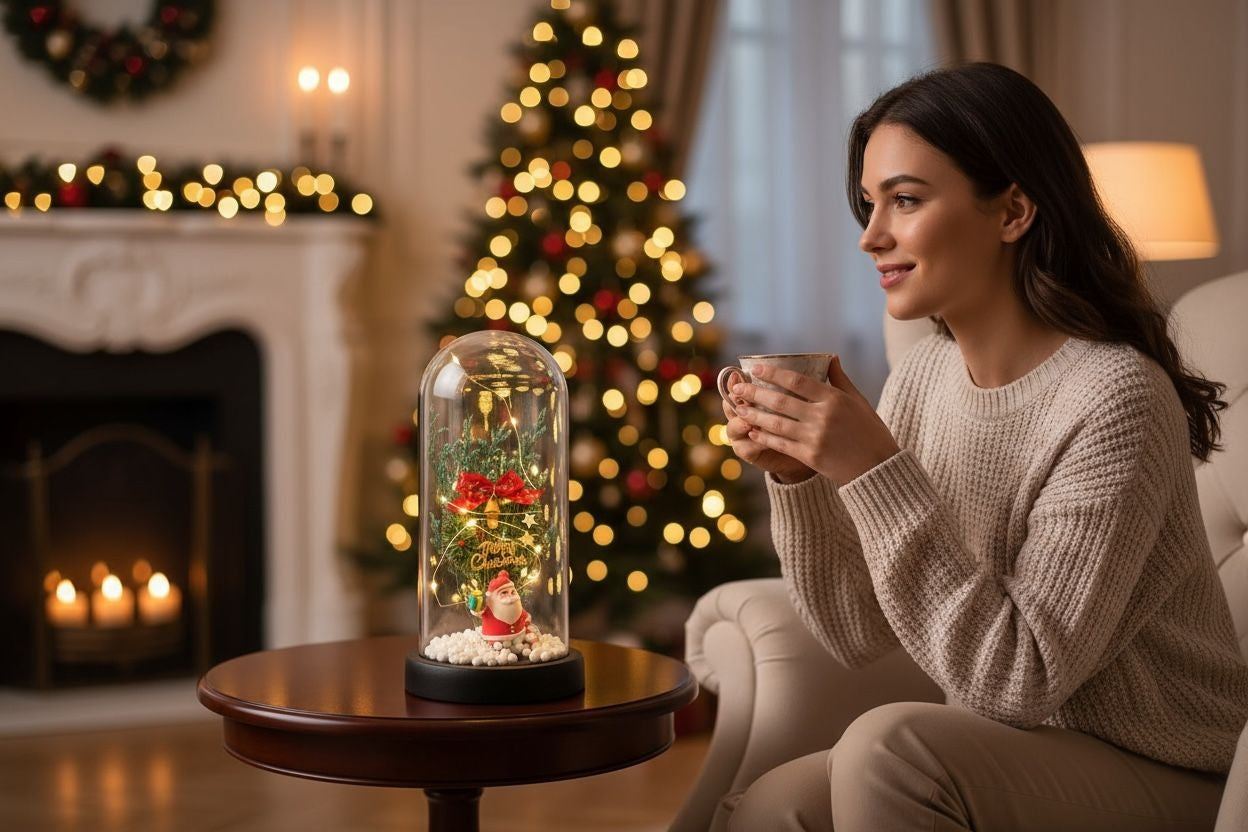 Cupola transparenta cu lumini model cu brad, fundita si figurina Mos Craciun , model luminos Merry Christmas, 22x11x11cm