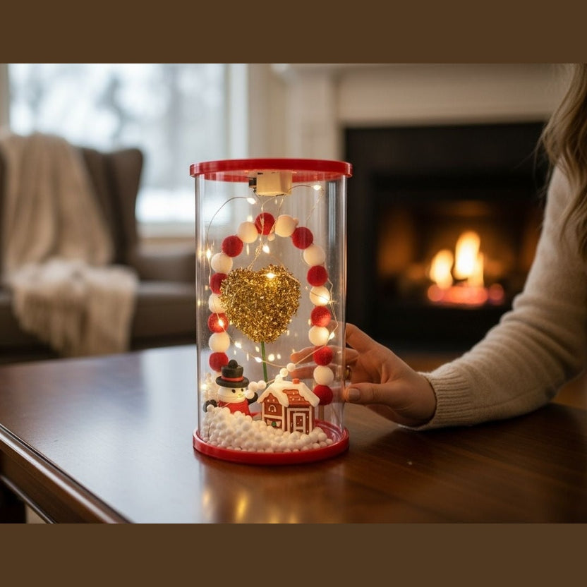 Cupola transparenta cu lumnini model om de zapada, casuta, inima aurie si lumini LED , model decorativ cu zapada artificiala, 17.5x11.5x11.5cm