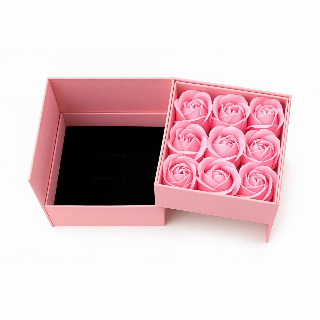 Cutie cadou 11x11x9.5 cm cu 9 trandafiri de sapun roz, aranjament elegant Forever Love