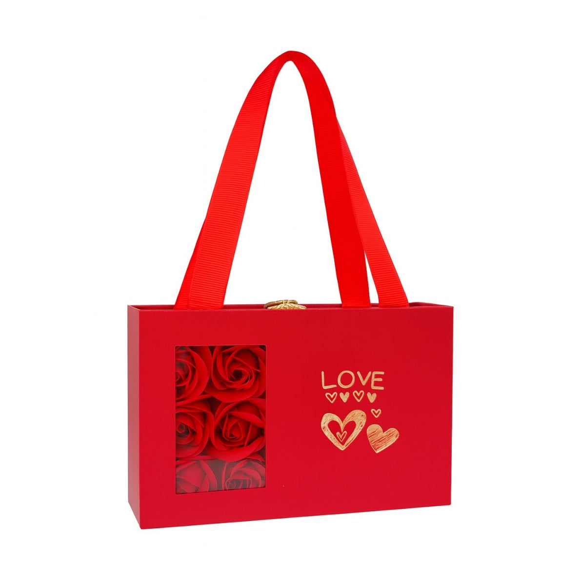 Cutie cadou tip punga 15x9.5x5 cm cu 6 trandafiri de sapun rosii si colier, model Love