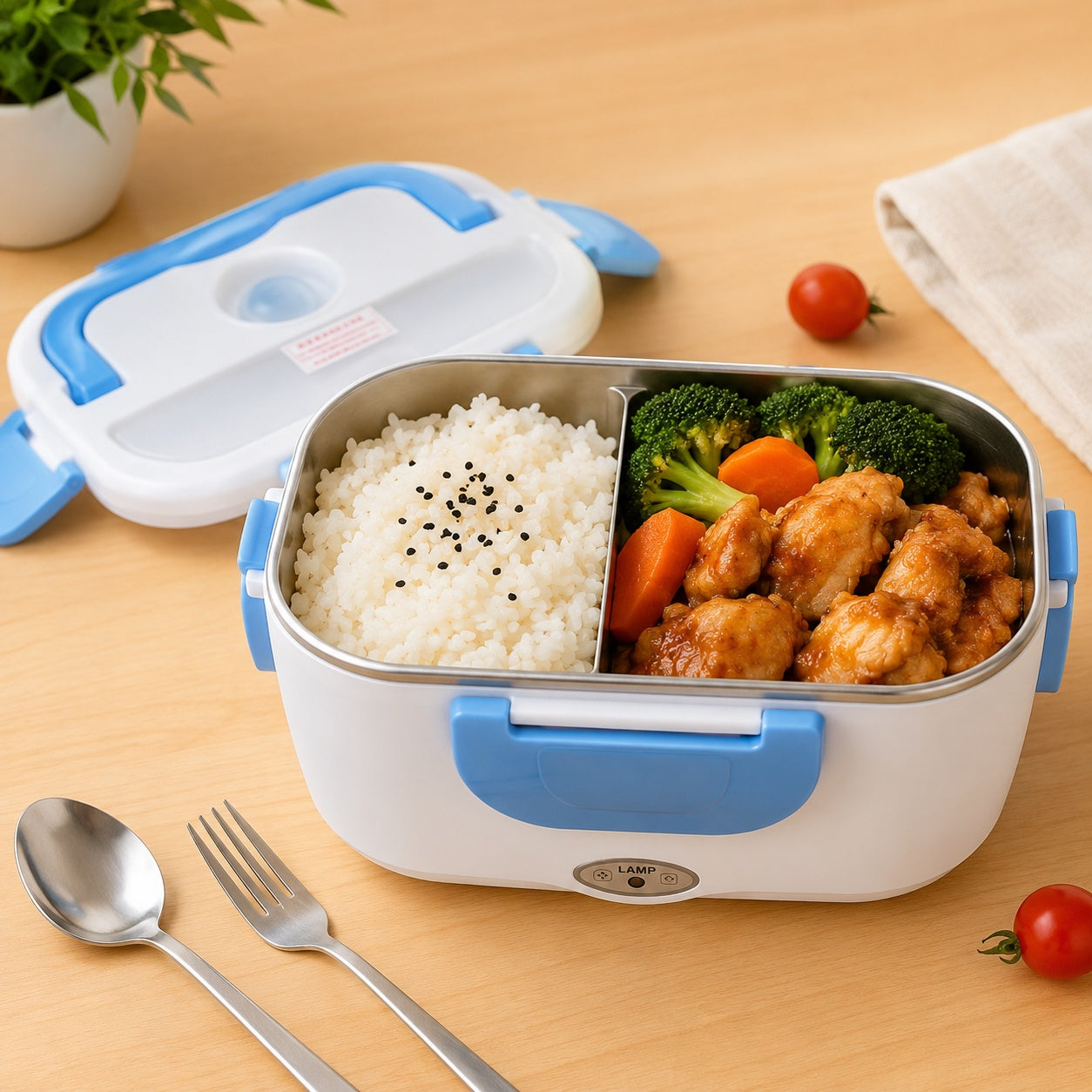 Cutie electrică pentru prânz 40W, lunch box încălzire mâncare, alb cu albastru