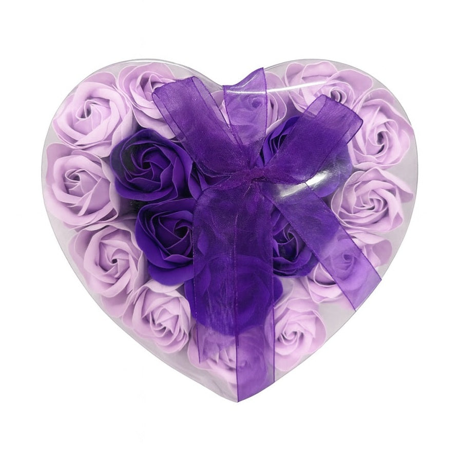 Cutie Inima cu 18 Trandafiri din Sapun Lila si Mov, Cadou Romantic Luxury 15x15 cm