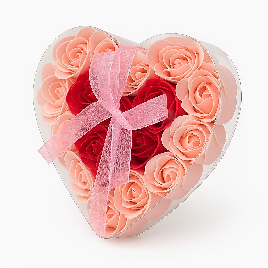 Cutie Inima cu 18 Trandafiri din Sapun Roz si Rosu, Cadou Romantic 15x15 cm