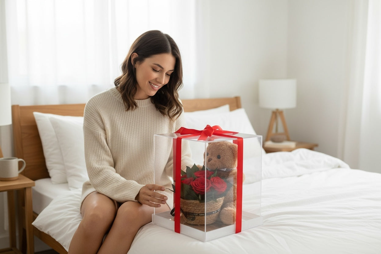 Cutie Premium Teddy Bear cu Trandafiri Criogenati 30x25x24 cm Cadou Romantic