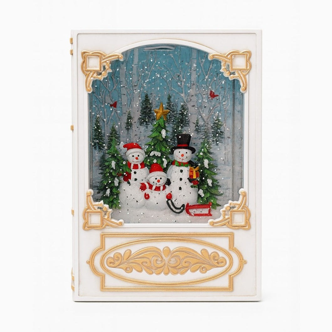 Decoratiune Craciun tip carte cu lumini LED, colinde si ninsoare, baterii si acumulator, 23x16x11cm