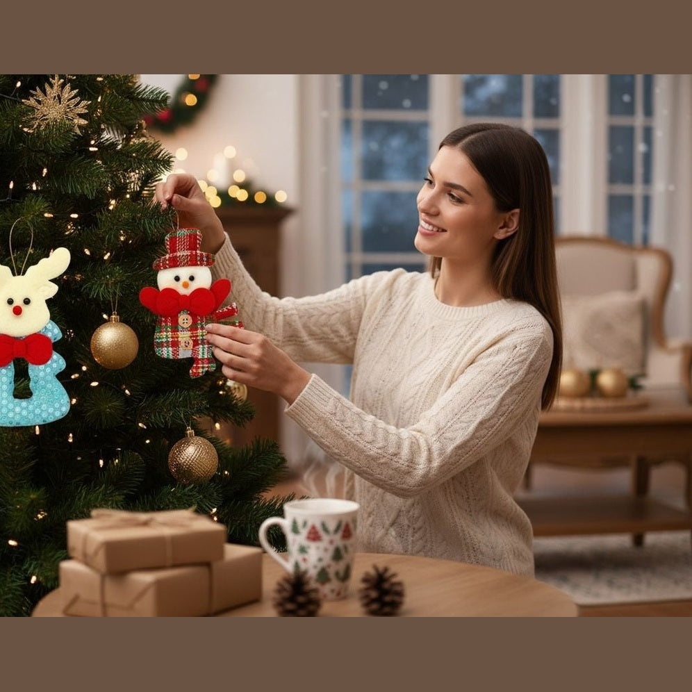 Decoratiuni brad Craciun ren om zapada si mos craciun set 12 buc, aprox 14cm per figurina
