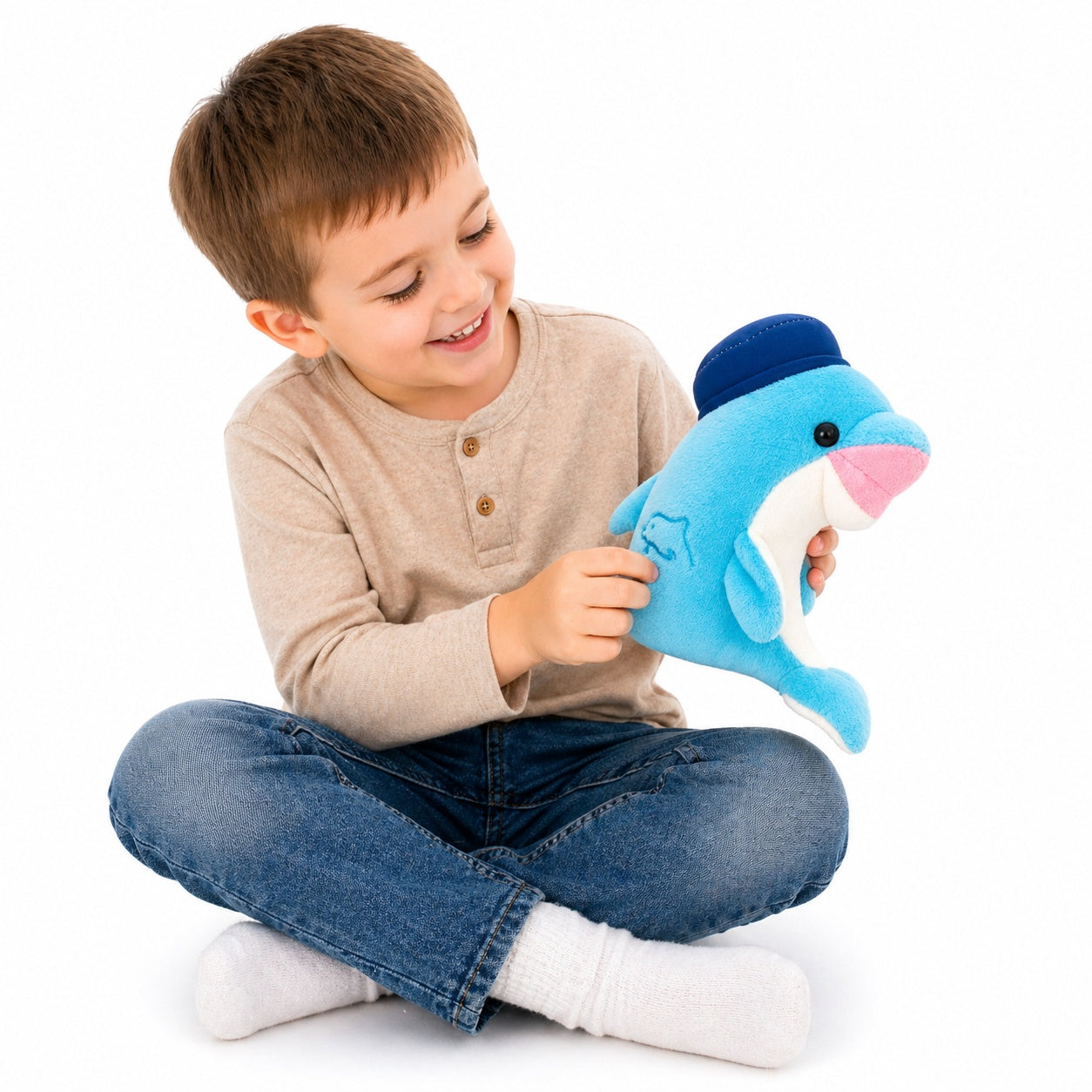 Delfin de plus albastru 20cm cu sepcuta marinar si ventuza pentru geam