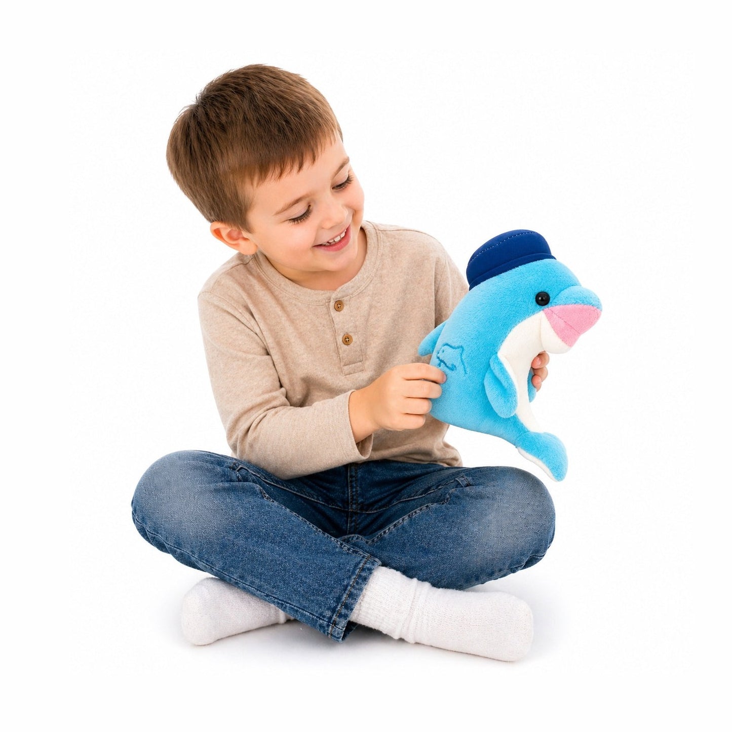 Delfin de plus albastru 20cm cu sepcuta marinar si ventuza pentru geam