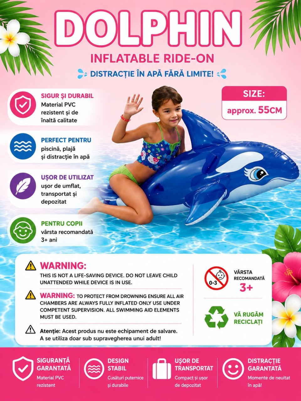 Delfin gonflabil pentru copii, 150x88x55 cm, tip ride-on, ideal pentru piscina si joaca in apa