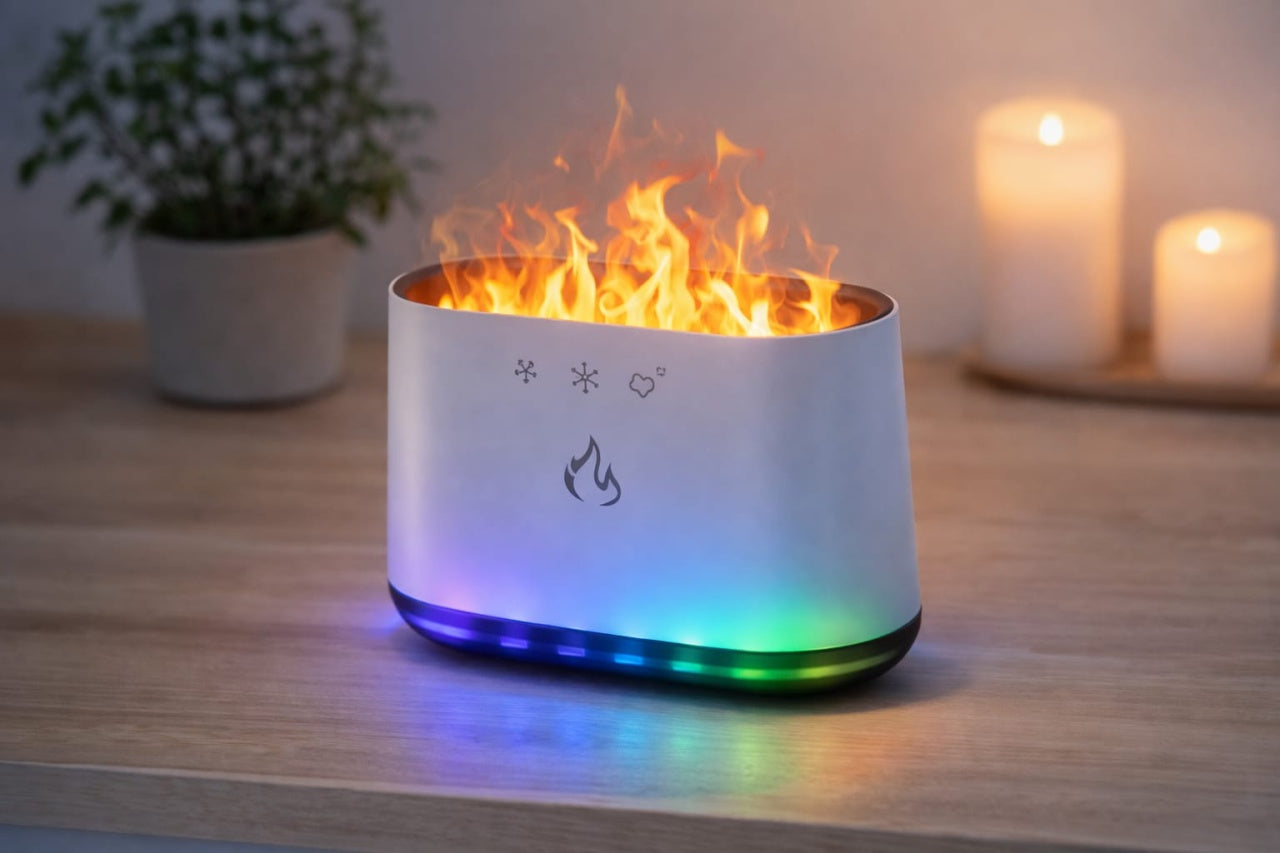 Difuzor aromaterapie cu efect flacara LED RGB umidificator aer ultrasonic