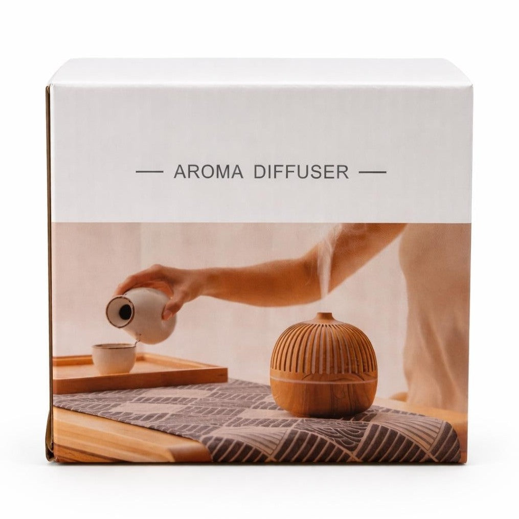 Difuzor aromaterapie cu ultrasunete, umidificator aer cu iluminare LED, design lemn, Wenge