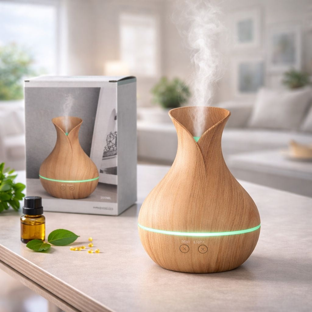 Difuzor aromaterapie ultrasonic 200 ml cu iluminare LED și efect de lemn, crem
