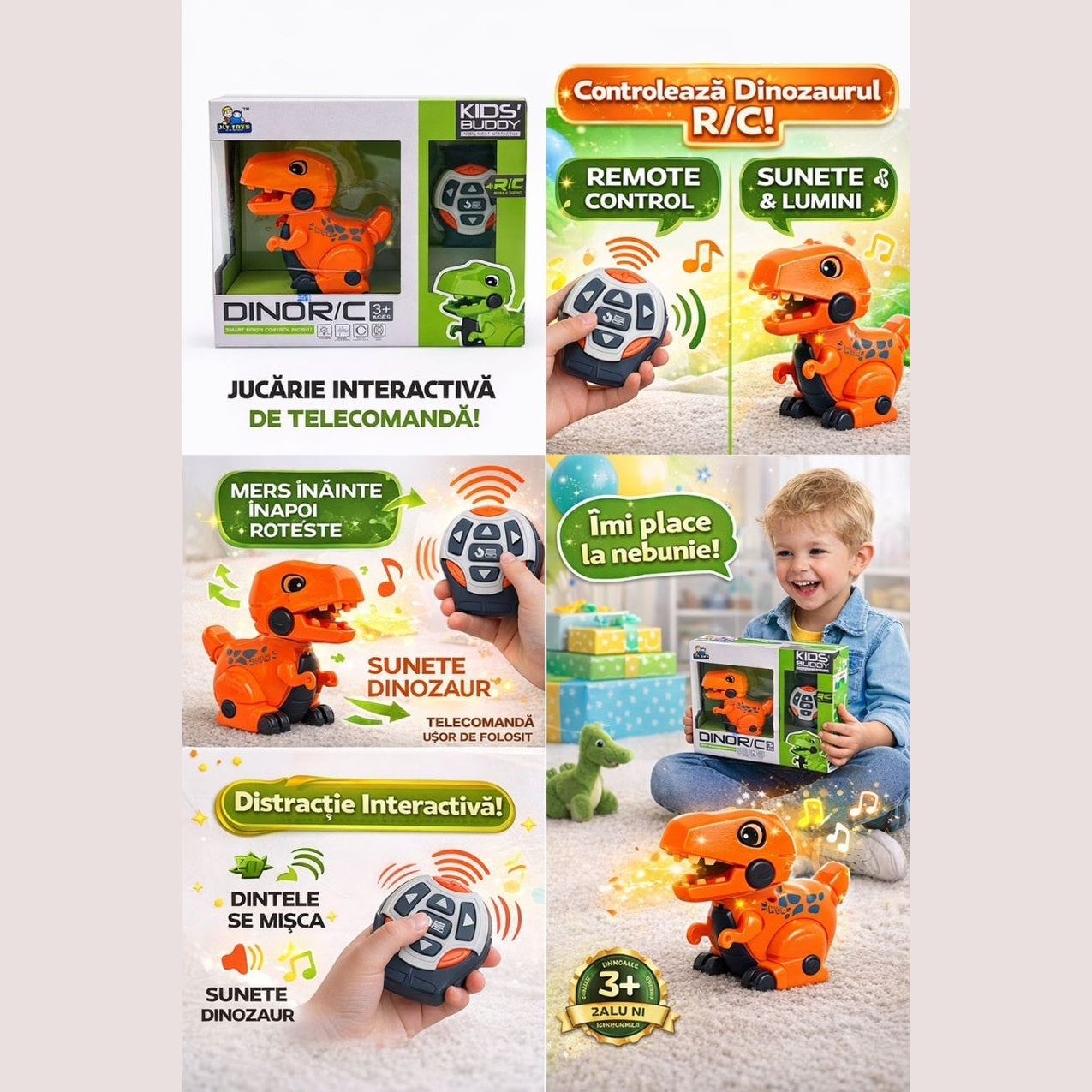 Dinozaur interactiv cu telecomanda R/C, sunete si lumini, miscare automata, portocaliu