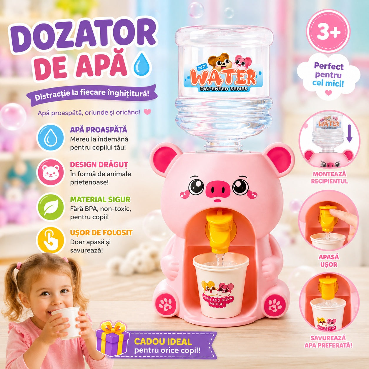 Dispenser apa copii, model cu porcusor , cu pahar inclus, distractiv si educativ 28.5x14 cm