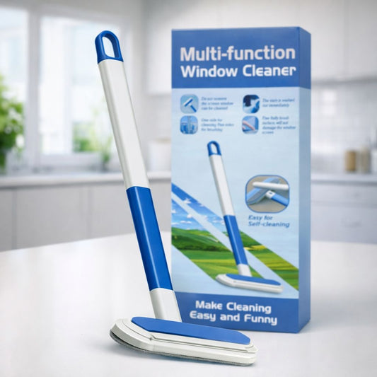 Dispozitiv multifunctional de curatat geamuri, telescopic, plastic, albastru cu alb