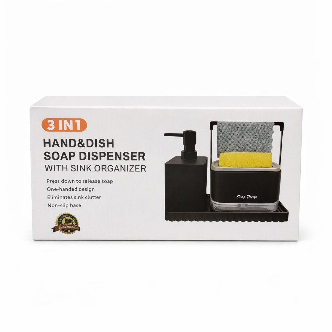 Dozator detergent vase 3 în 1 cu suport burete și organizator pentru chiuvetă