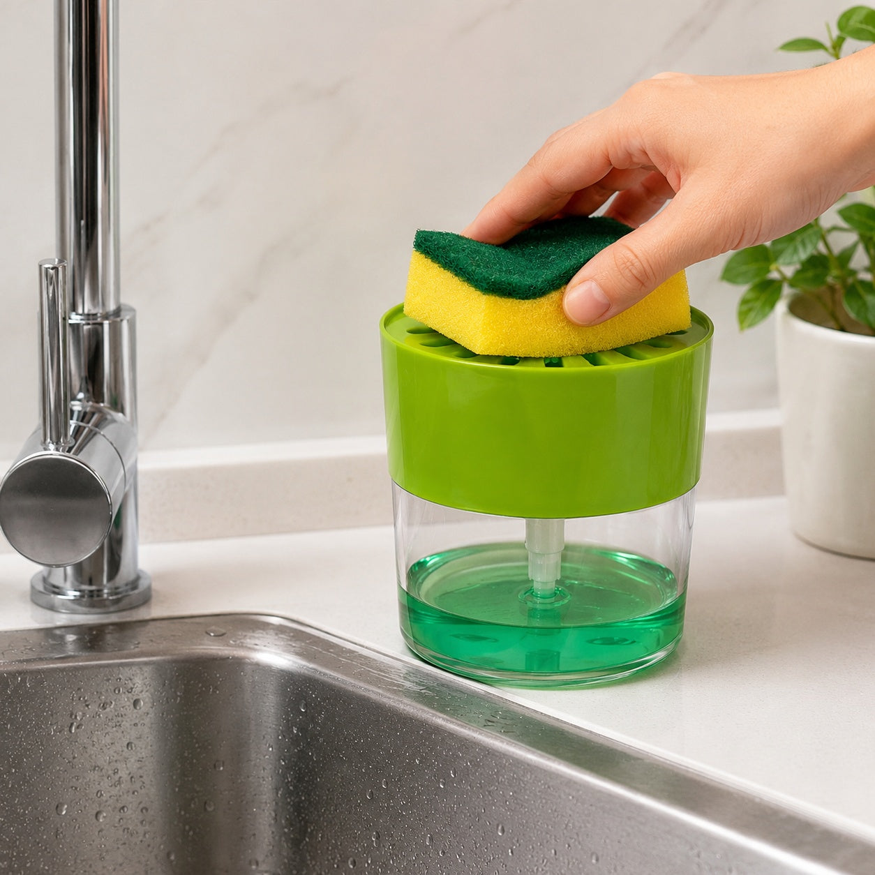 Dozator Sapun Bucatarie cu Burete Inclus, Recipient Detergent Vase, Dispenser Manual pentru Chiuveta, 13x12 cm, Verde
