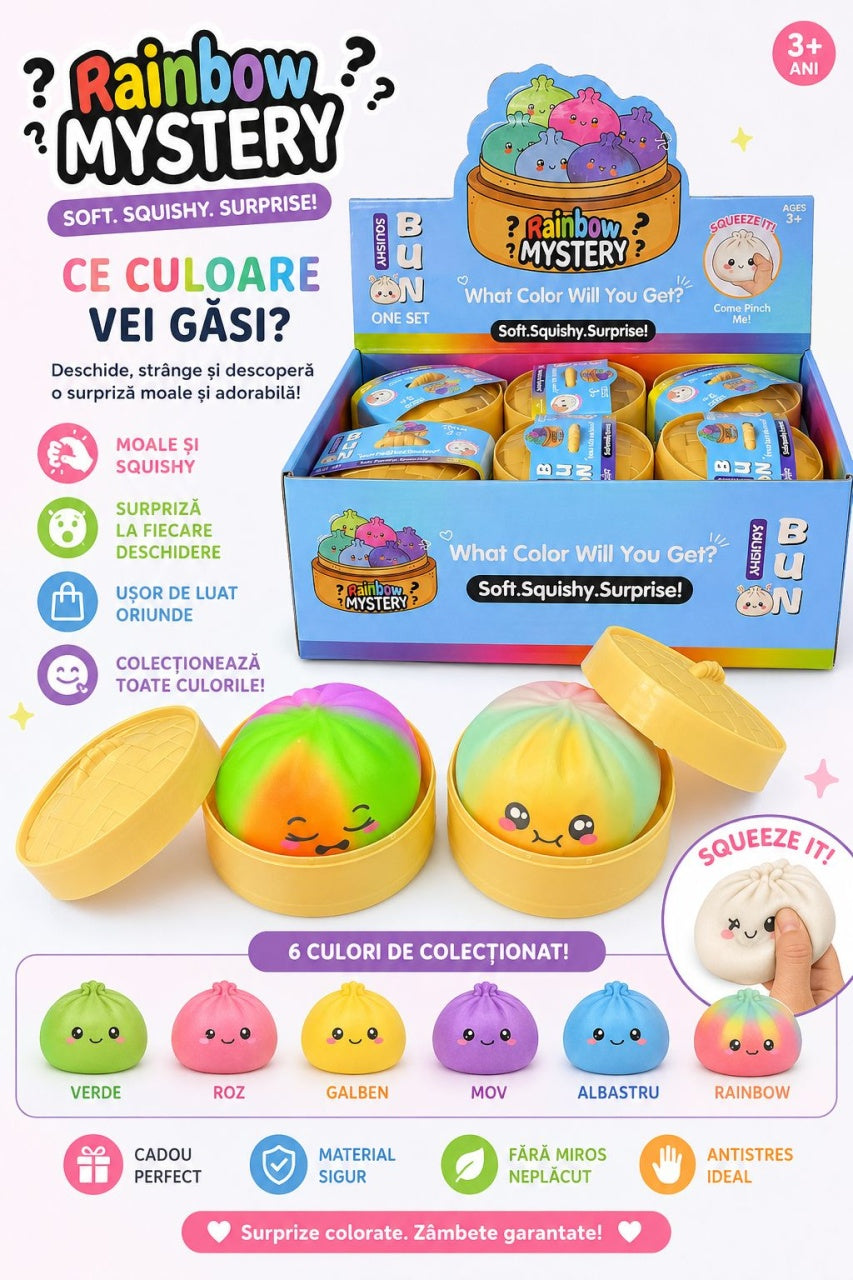 Dumpling Squishy Rainbow Mystery cu Spumă 8,5 cm – Jucărie Antistres Surpriză