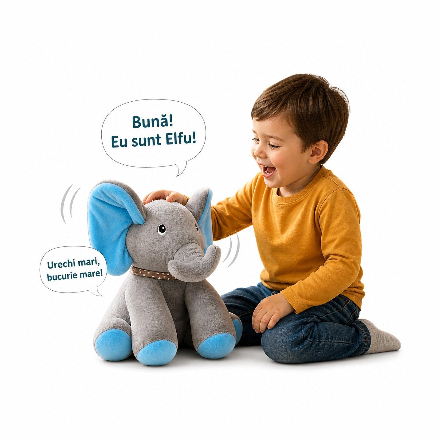 Elefant de plus interactiv cu urechi albastre, 30cm , repeta si imita sunete copii