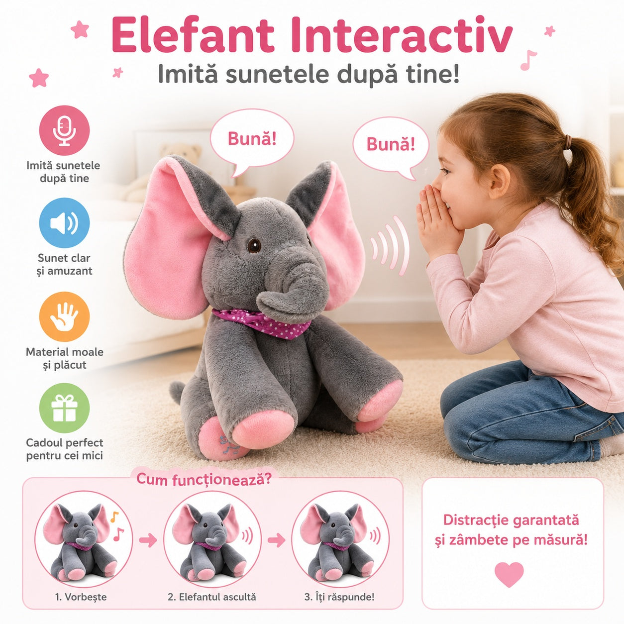 Elefant de plus interactiv cu urechi roz, 30cm, , repeta si imita sunete copii