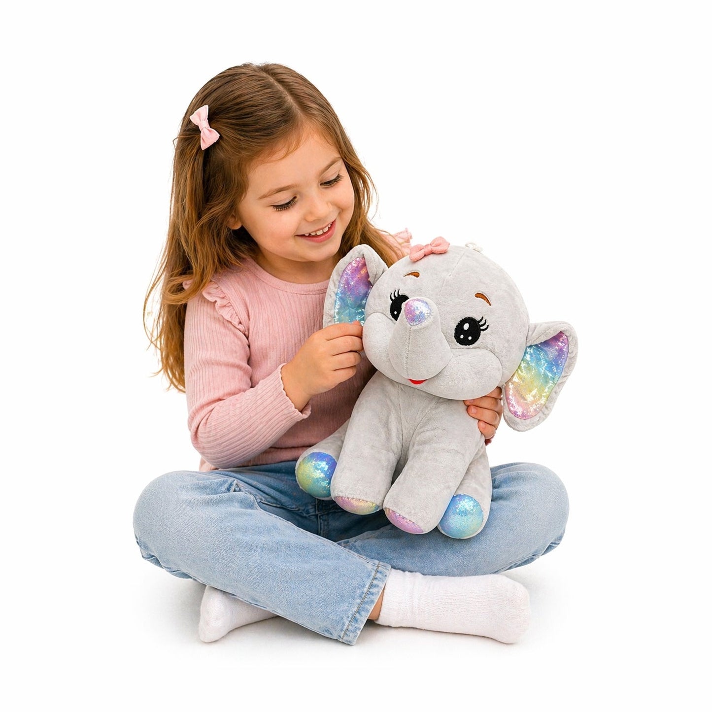 Elefantel de plus 26cm gri, jucarie moale cu urechi colorate pentru copii