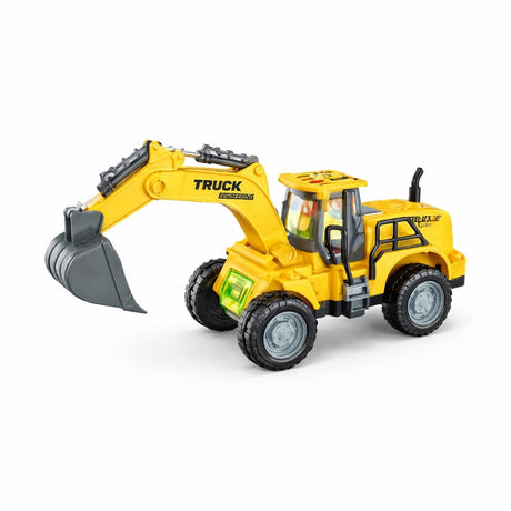 Excavator jucarie galben cu cupa, lumini si functii interactive, 25 cm