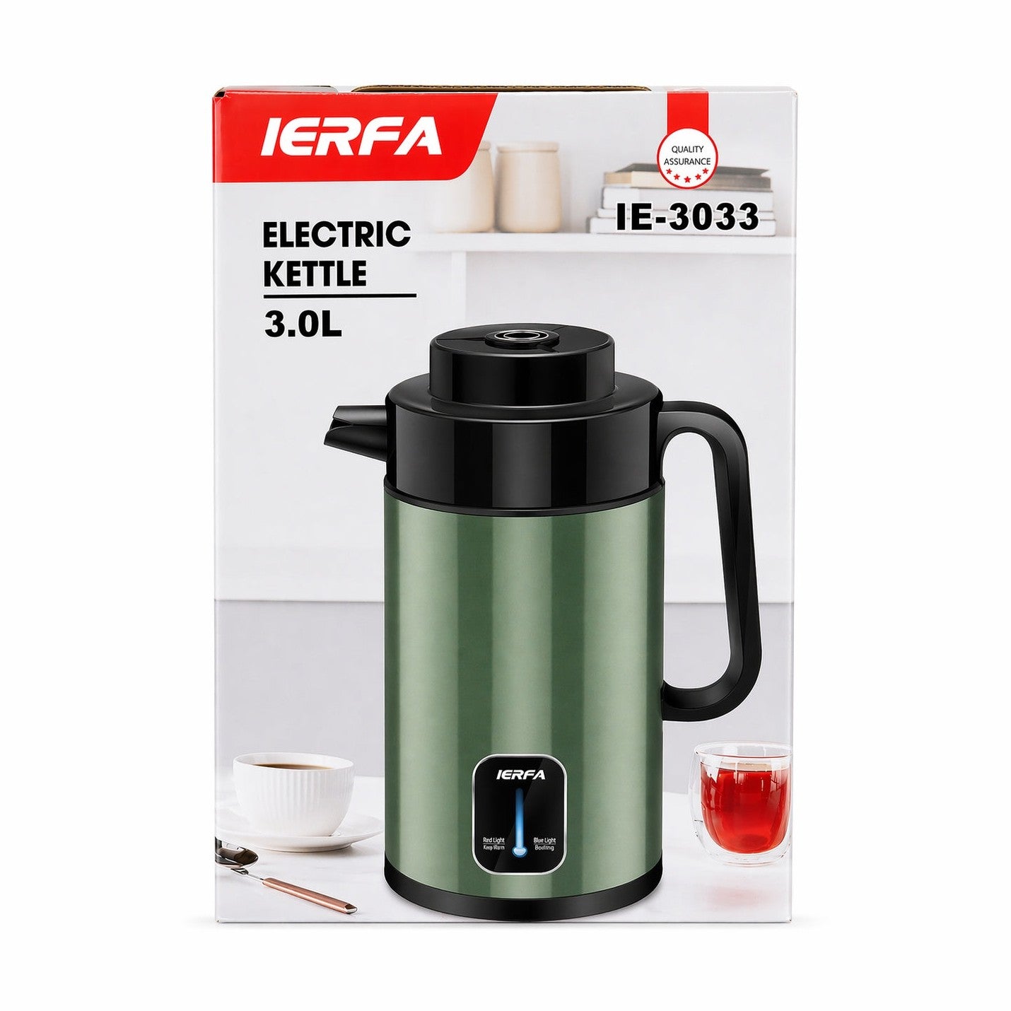 Fierbător electric pentru apă, verde, capacitate 3L, 29 cm, cu oprire automată