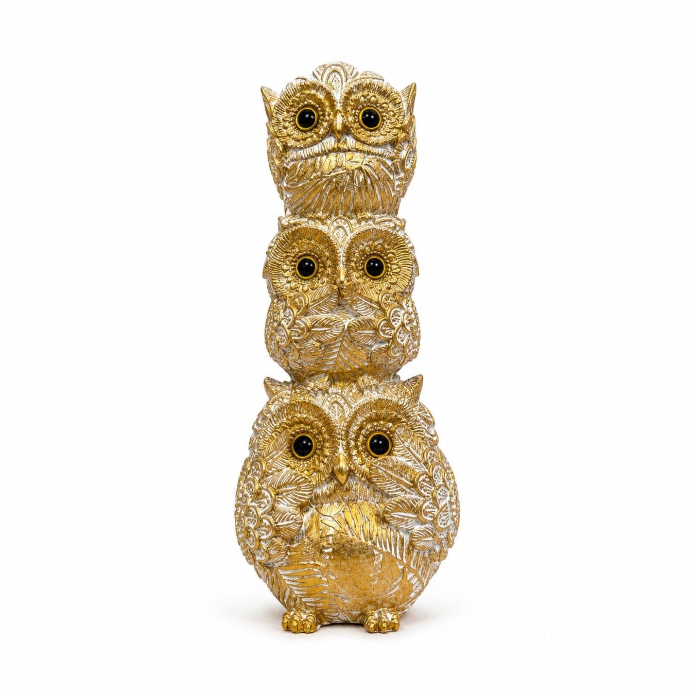 Figurină Decorativă cu 3 Bufnițe Aurii – Suvenir Feng Shui pentru Înțelepciune și Noroc
