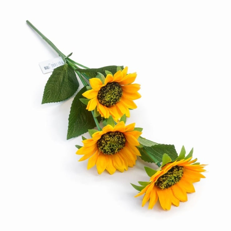Floarea soarelui artificiala cu 3 flori si 4 frunze, inaltime 60 cm