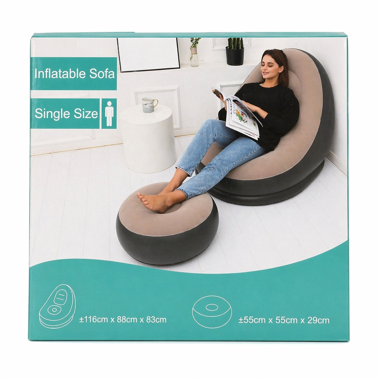 Fotoliu gonflabil cu taburet 116x88x83 cm, relaxare interior, material rezistent, cafeniu