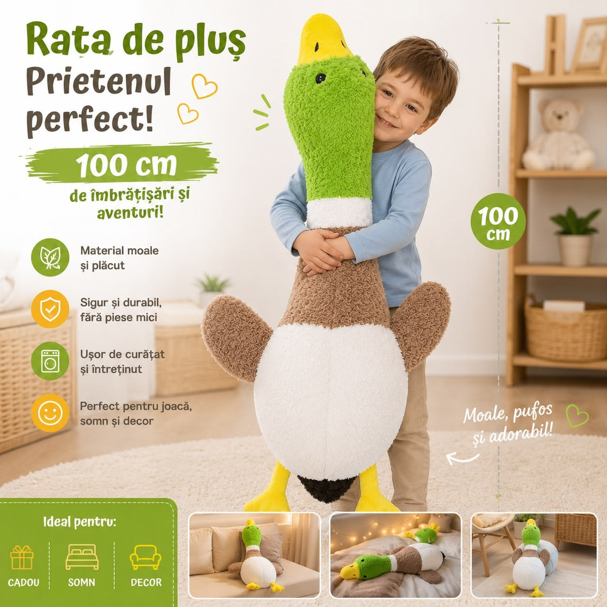 Gâscă de Pluș 100 cm pentru Copii – Jucărie Mare, Moale și Catifelată, Cadoul Perfect