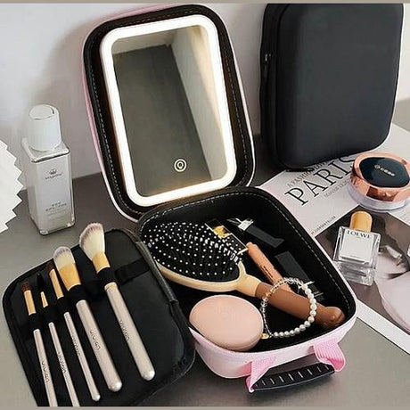 Geanta cosmetice roz cu oglinda LED reincarcabila, organizator machiaj, soft touch
