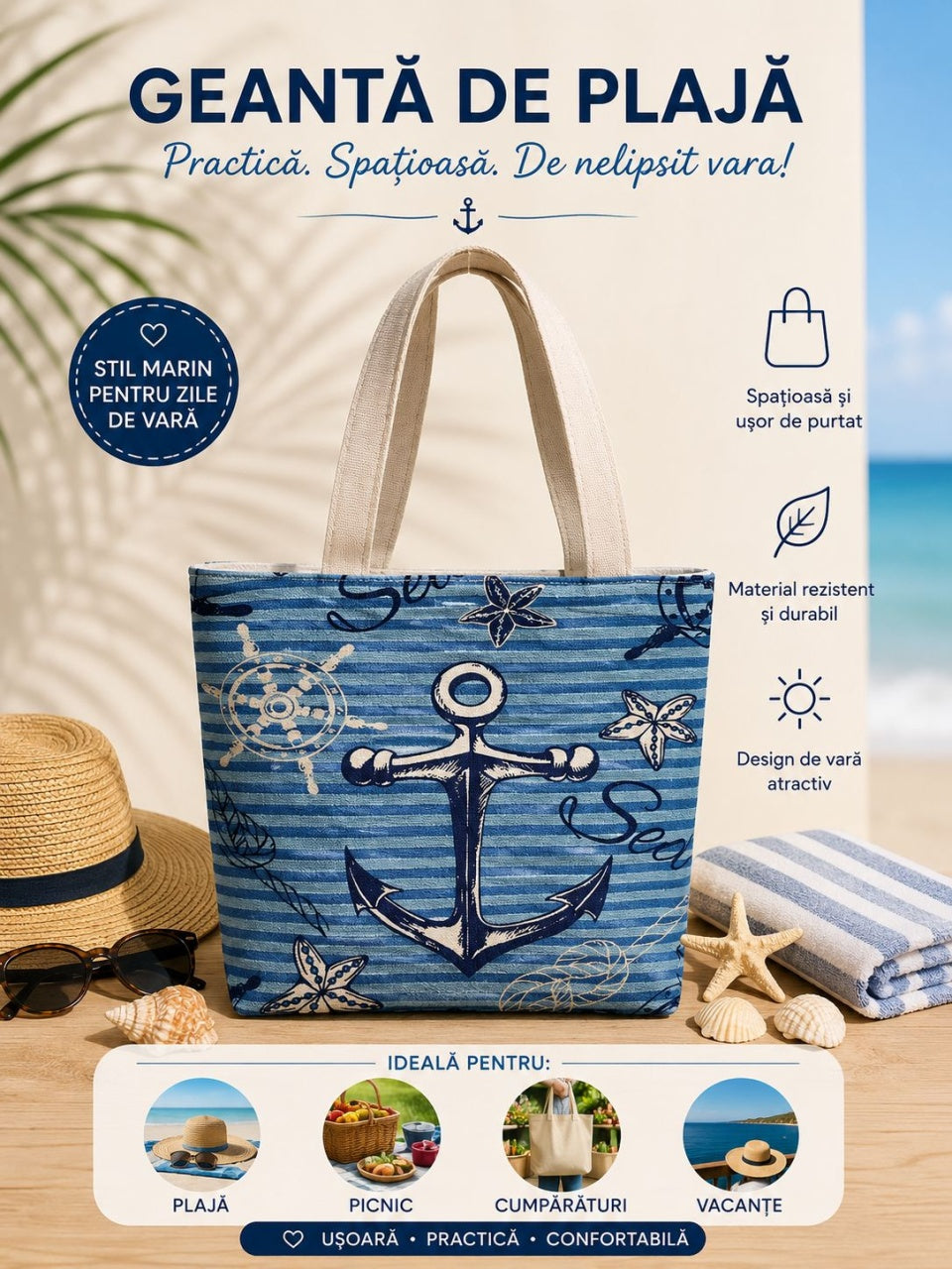 Geantă de Plajă Albastră cu Ancoră – Spațioasă și Elegantă pentru Vară