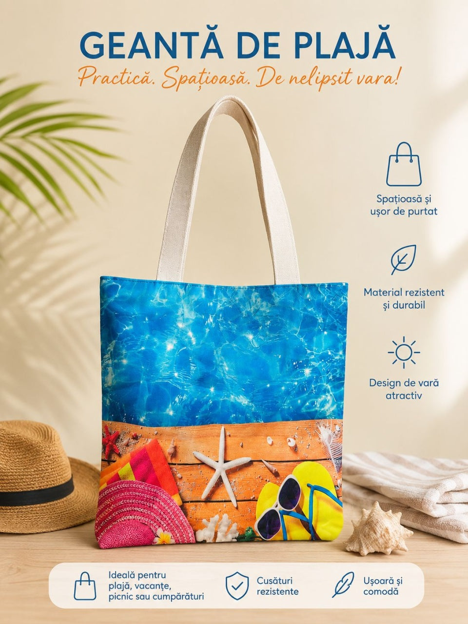 Geantă de Plajă Colorată cu Design Tropical – Tote Spațioasă pentru Vară și Vacanță