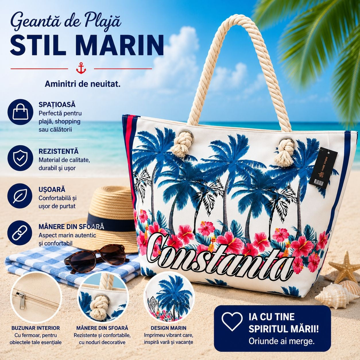 Geantă de Plajă Constanța cu Palmieri – Tote Tropicală Spațioasă cu Mânere din Sfoară