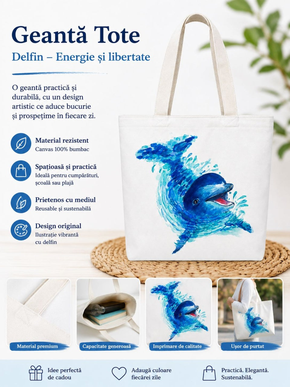 Geantă de Plajă cu Delfin Albastru – Reutilizabilă și Spațioasă