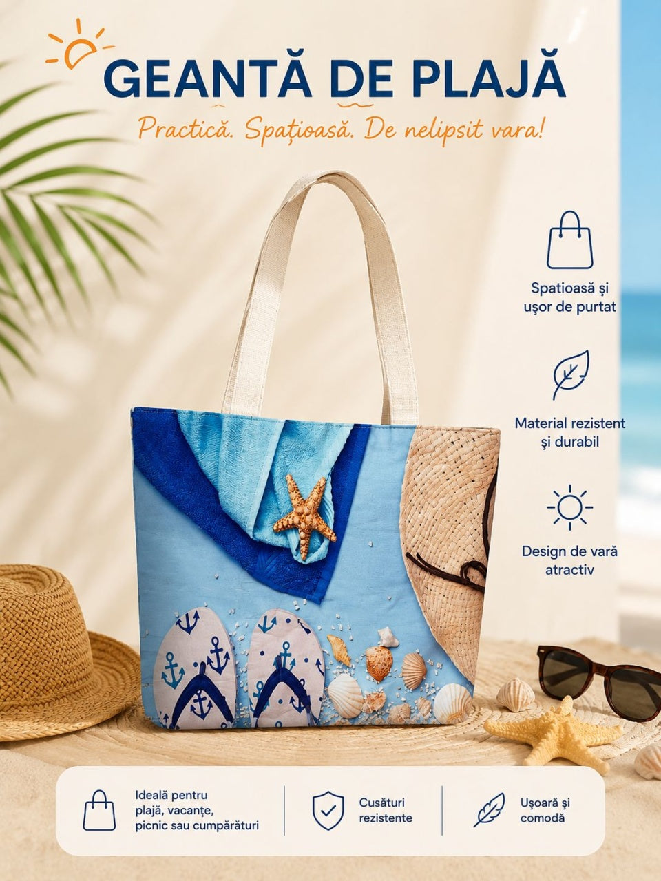 Geantă de Plajă cu Design Estival și Scoici – Tote Spațioasă pentru Vară