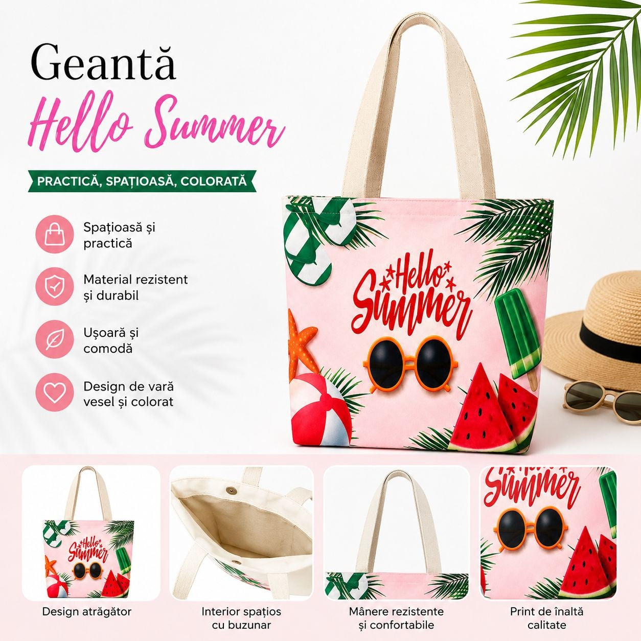 Geantă de Plajă Hello Summer – Colorată, Practică și Spațioasă