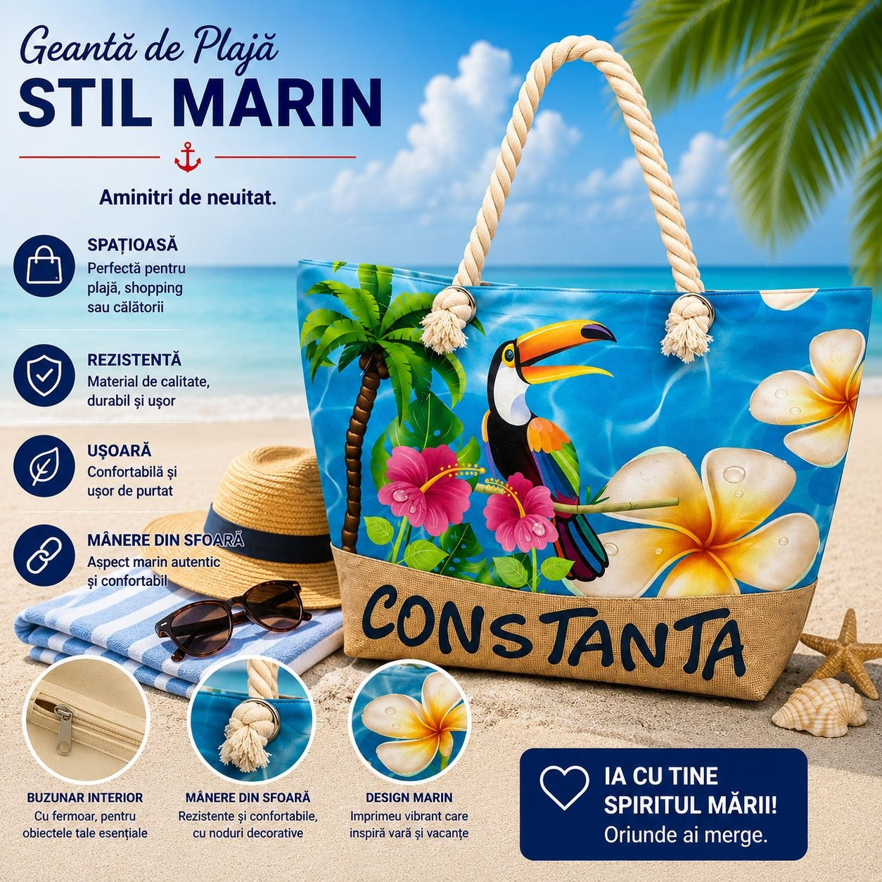 Geantă de Plajă mare, model Cu Tucan – Tote Tropicală cu Mânere din Sfoară