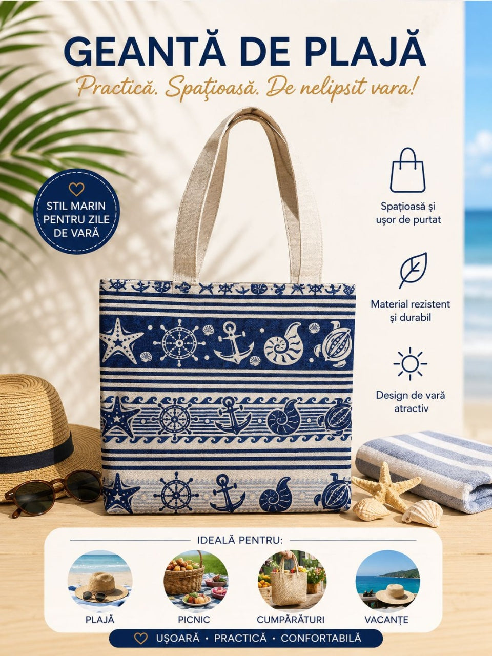 Geantă de Plajă Marină Albastră – Tote Spațioasă cu Design Nautic și Stil de Vară