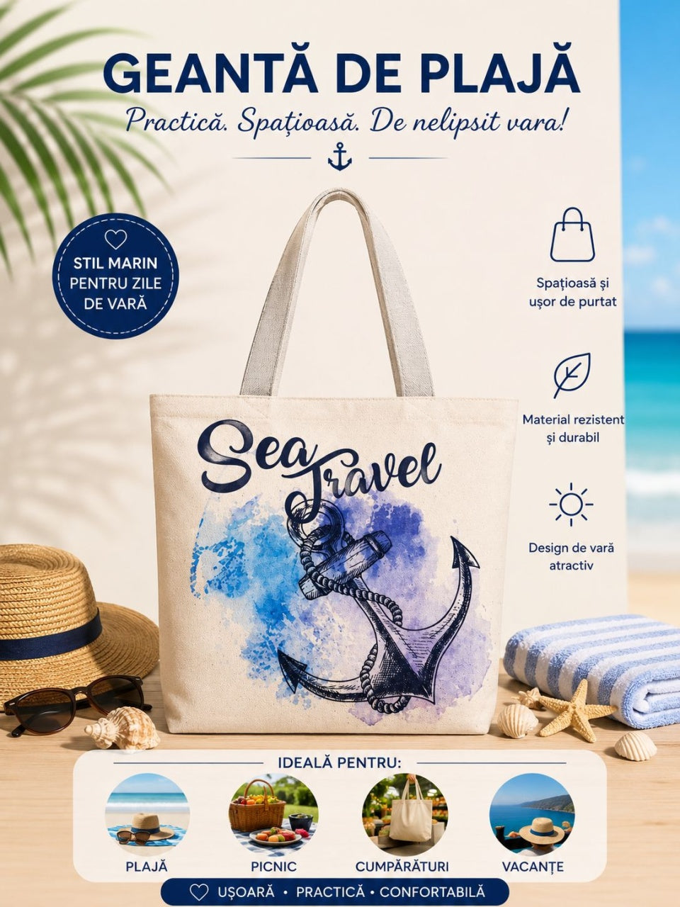 Geantă de Plajă Sea Travel – cu Design Marin și Ancoră, Spațioasă și Practică
